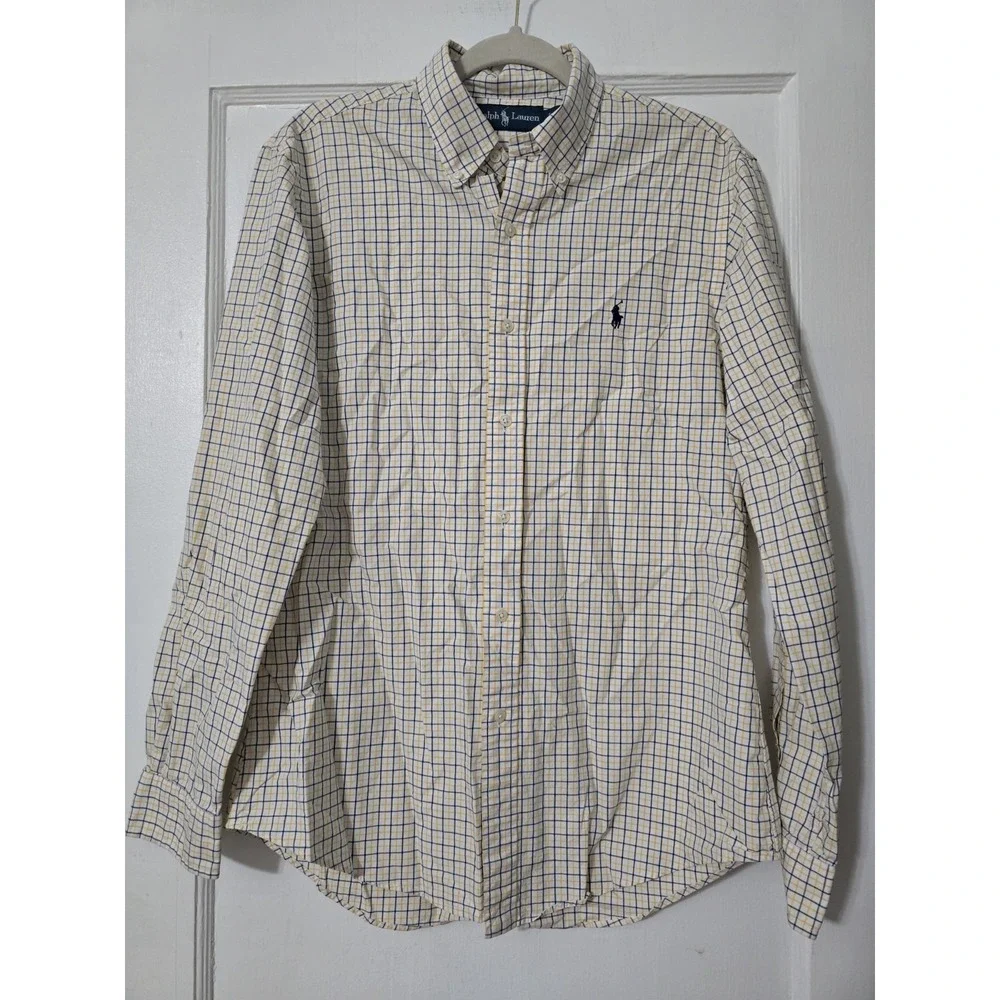 Polo Ralph Lauren Shirt Men Medium Yellow Navy Casual Button Down Window‎ Pane